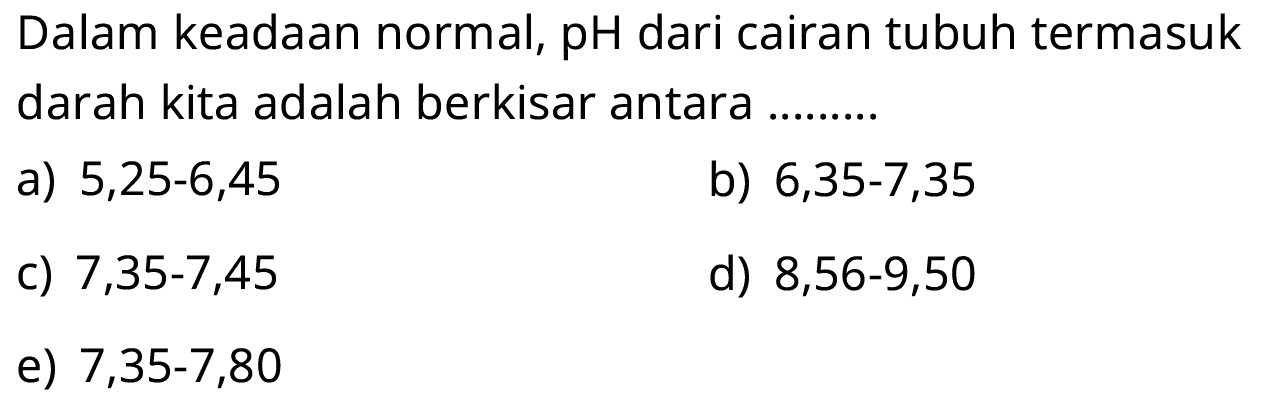 Dalam keadaan normal, pH dari cairan tubuh termasuk darah kita adalah berkisar antara ....