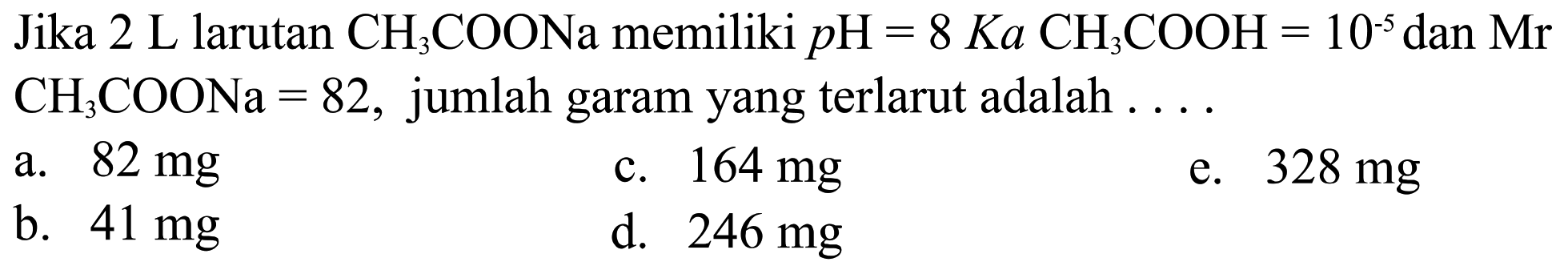 Jika  2 L  larutan  CH3COONa  memiliki  p H=8 Ka CH3COOH=10^-5  dan  Mr   CH3COONa=82 , jumlah garam yang terlarut adalah ....
a.  82 mg 
c.  164 mg 
e.  328 mg 
b.  41 mg 
d.  246 mg 