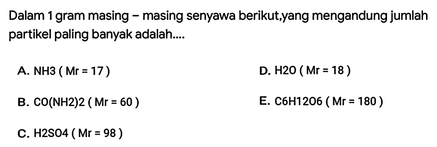 Dalam 1 gram masing - masing senyawa berikut,yang mengandung jumlah partikel paling banyak adalah....
A.  NH 3(Mr=17) 
D.  H 20(Mr=18) 
B.  CO(NH 2) 2(Mr=60) 
E.  C 6 H 1206(Mr=180) 
C.  H 2 SO 4(Mr=98) 