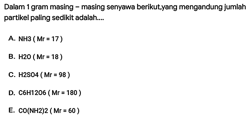 Dalam 1 gram masing - masing senyawa berikut,yang mengandung jumlah partikel paling sedikit adalah....
A.  NH 3(Mr=17) 
B.  H 20(Mr=18) 
C.  H 2 SO 4(Mr=98) 
D.  C 6 H 12 O 6(Mr=180) 
E.  CO(NH 2) 2(Mr=60) 