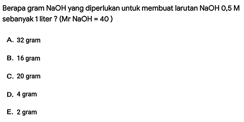 Berapa gram  NaOH  yang diperlukan untuk membuat larutan  NaOH 0,5 M  sebanyak 1 liter ?  (Mr NaOH=40) 
A. 32 gram
B. 16 gram
C. 20 gram
D. 4 gram
E. 2 gram