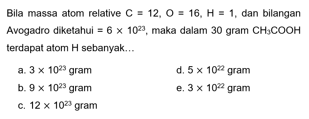 Bila massa atom relative  C=12, O=16, H=1 , dan bilangan Avogadro diketahui  =6 x 10^23 , maka dalam 30 gram  CH3COOH  terdapat atom H sebanyak...
a.  3 x 10^23  gram
d.  5 x 10^22  gram
b.  9 x 10^23  gram
e.  3 x 10^22  gram
c.  12 x 10^23  gram