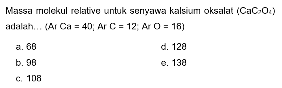 Massa molekul relative untuk senyawa kalsium oksalat  (CaC2 O4)  adalah...  (Ar Ca=40 ; Ar C=12 ; Ar O=16) 
a. 68
d. 128
b. 98
e. 138
c. 108