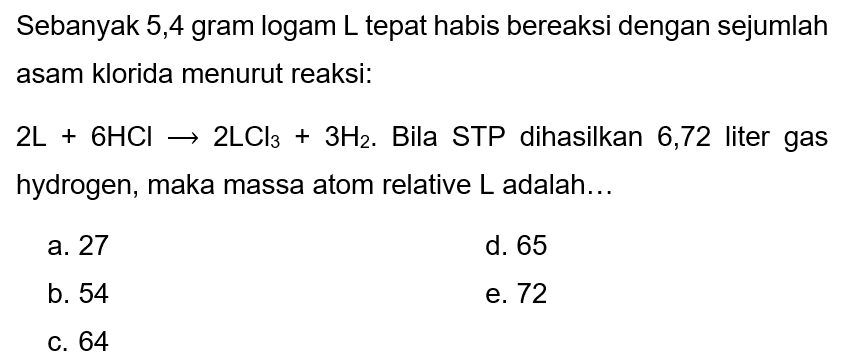 Sebanyak 5,4 gram logam  L  tepat habis bereaksi dengan sejumlah asam klorida menurut reaksi:
 2 L+6 HCl -> 2 LCl3+3 H2 . Bila STP dihasilkan 6,72 liter gas hydrogen, maka massa atom relative  L  adalah...
a. 27
d. 65
b. 54
e. 72
c. 64