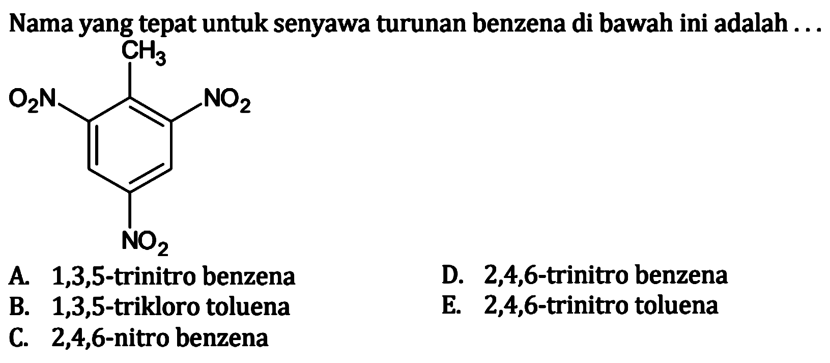 Nama yang tepat untuk senyawa turunan benzena di bawah ini adalah...
 CH3 NO2 O2N NO2