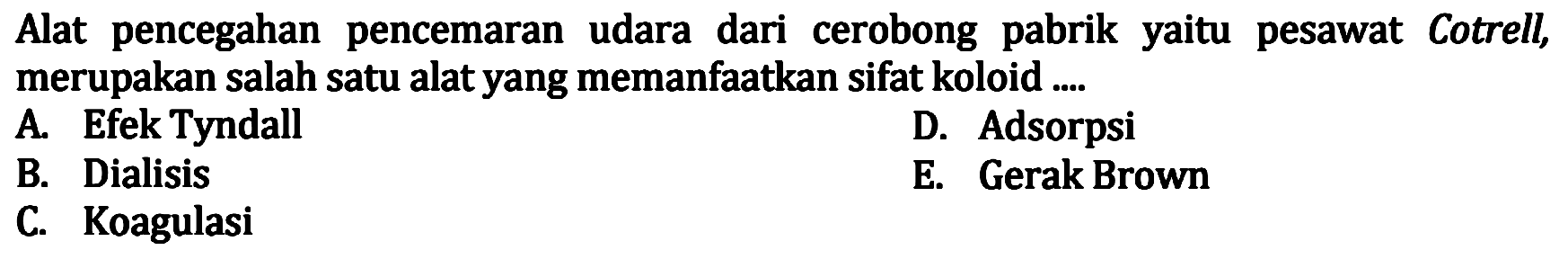 Alat pencegahan pencemaran udara dari cerobong pabrik yaitu pesawat Cotrell, merupakan salah satu alat yang memanfaatkan sifat koloid ....
