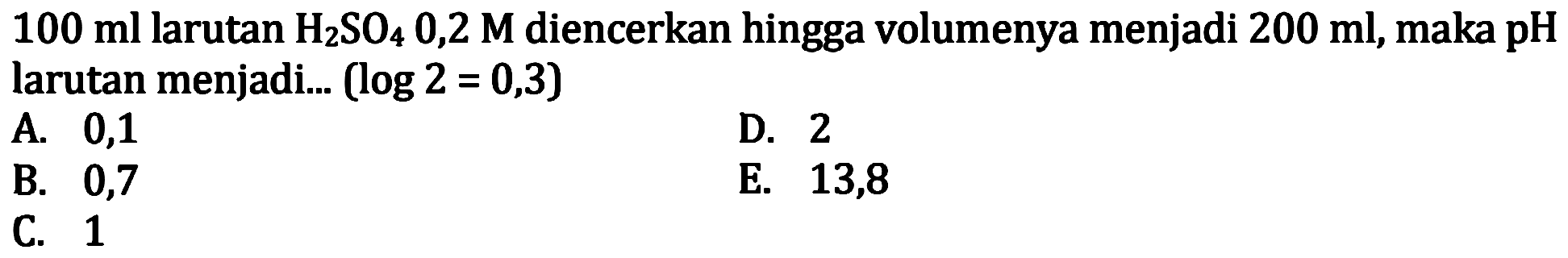  100 ml larutan H2 SO4 0,2 M diencerkan hingga volumenya menjadi  200 ml, maka pH larutan menjadi...  (log 2=0,3) 
A. 0,1
D. 2
B. 0,7
E. 13,8
C. 1