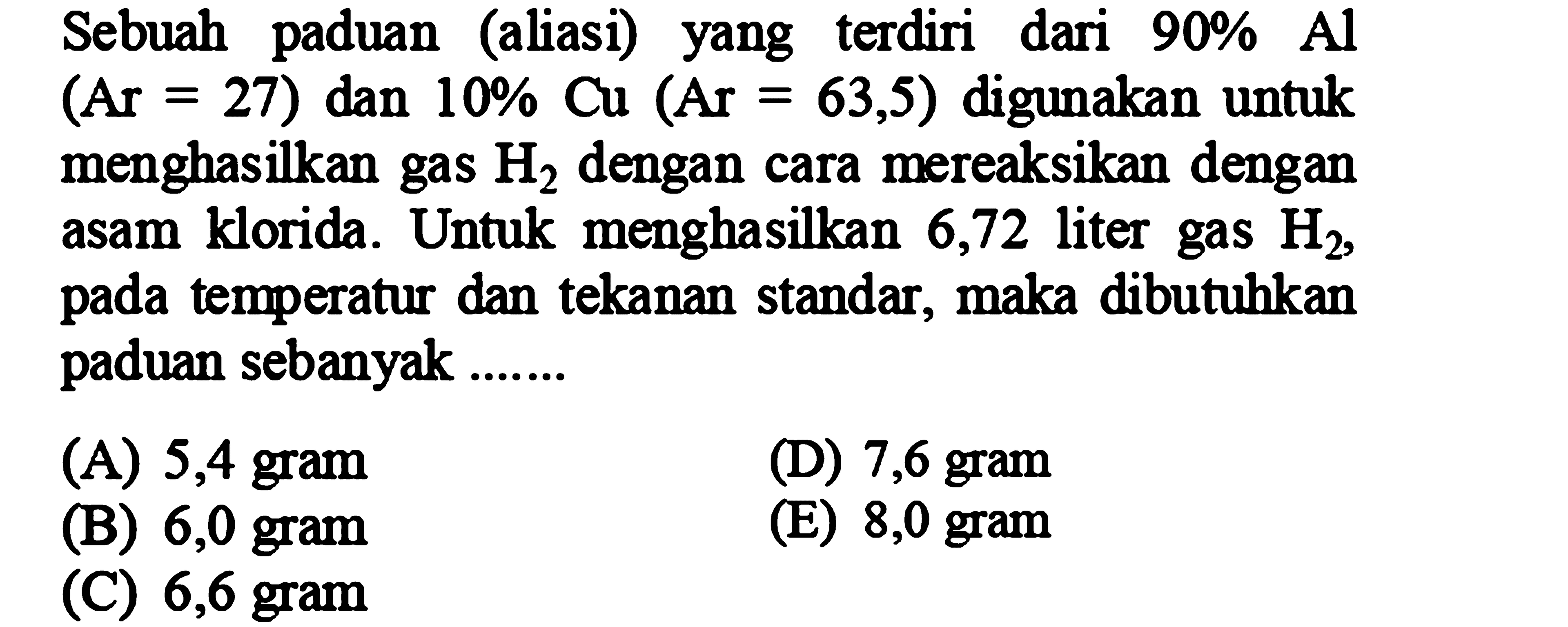 Sebuah paduan (aliasi) yang terdiri dari  90 % Al   (Ar=27)  dan  10 % Cu(Ar=63,5)  digunakan untuk menghasilkan gas  H2  dengan cara mereaksikan dengan asam klorida. Untuk menghasilkan 6,72 liter gas  H2 , pada temperatur dan tekanan standar, maka dibutuhkan paduan sebanyak .......
(A) 5,4 gram
(D) 7,6 gram
(B) 6,0 gram
(E) 8,0 gram
(C) 6,6 gram