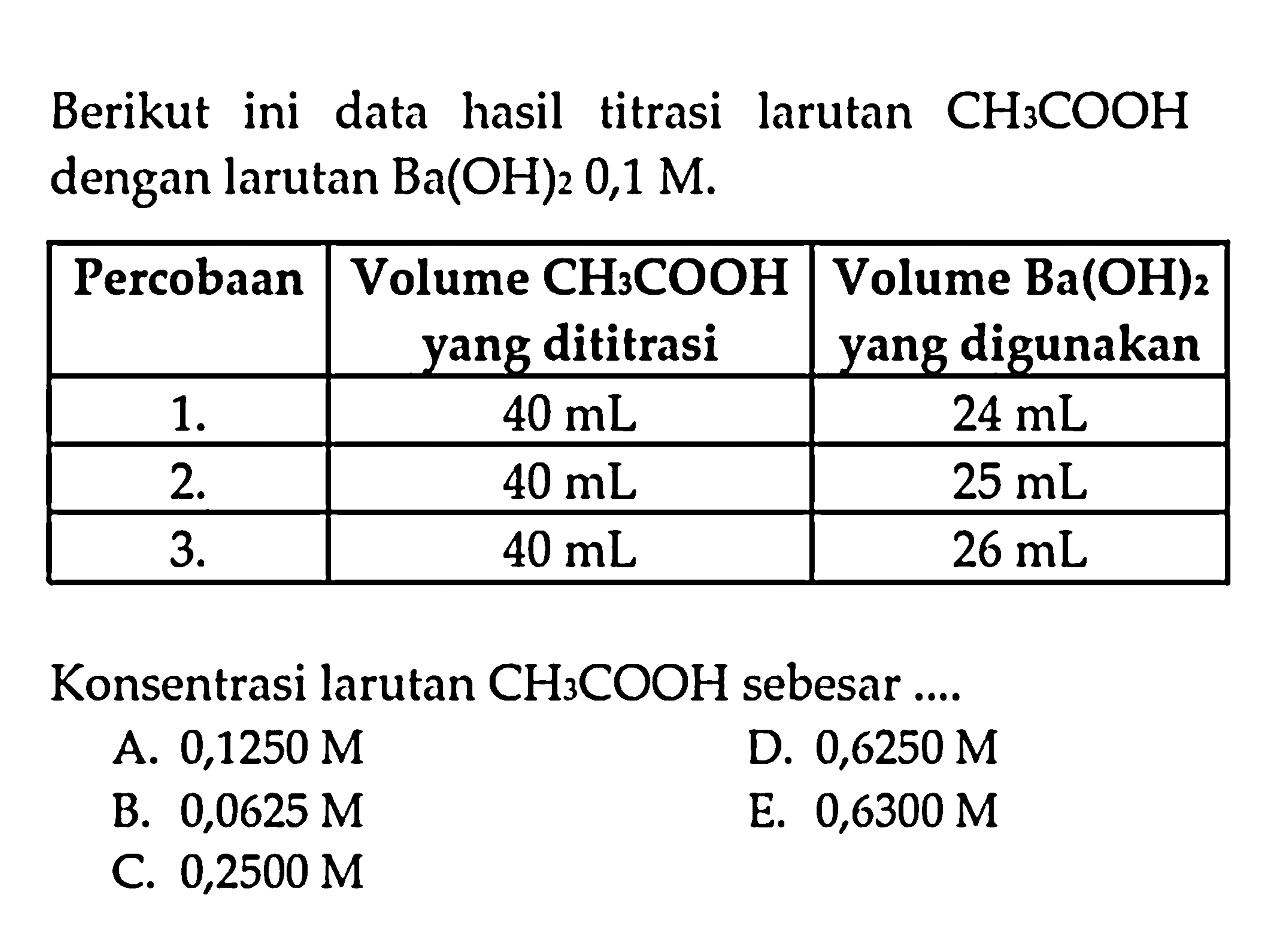 Berikut ini data hasil titrasi larutan  CH_(3) COOH  dengan larutan  Ba(OH)_(2)  0,1  M .

 Percobaan  Volume  CH_(3) COOH  yang dititrasi  Volume  Ba(OH)_(2)  yang digunakan 
  1 .    40 ~mL    24 ~mL  
  2 .    40 ~mL    25 ~mL  
  3 .    40 ~mL    26 ~mL  


Konsentrasi larutan  CH_(3) COOH  sebesar ....
A. 0,1250 M
D.  0,6250 M 
B.  0,0625 M 
E.  0,6300 M 
C.  0,2500 M 