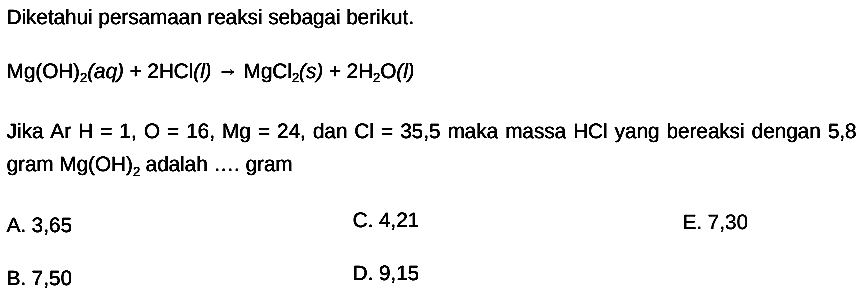 Diketahui persamaan reaksi sebagai berikut.

Mg(OH)2(aq)+2 HCl(l) -> MgCl2(s)+2 H2 O(l)

Jika  Ar H=1, O=16, Mg=24 , dan  Cl=35,5  maka massa  HCl  yang bereaksi dengan 5,8 gram  Mg(OH)2  adalah .... gram
A. 3,65
C. 4,21
E. 7,30
B. 7,50
D. 9,15