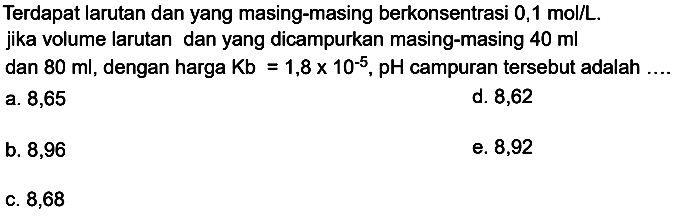 Terdapat larutan dan yang masing-masing berkonsentrasi  0,1 ~mol / L . jika volume larutan dan yang dicampurkan masing-masing  40 ml  dan  80 ml , dengan harga  Kb=1,8 x 10^(-5), pH  campuran tersebut adalah
a. 8,65
d. 8,62
b. 8,96
e. 8,92
c. 8,68
