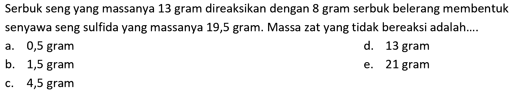 Serbuk seng yang massanya 13 gram direaksikan dengan 8 gram serbuk belerang membentuk senyawa seng sulfida yang massanya 19,5 gram. Massa zat yang tidak bereaksi adalah....
a. 0,5 gram
d. 13 gram
b. 1,5 gram
e. 21 gram
c. 4,5 gram