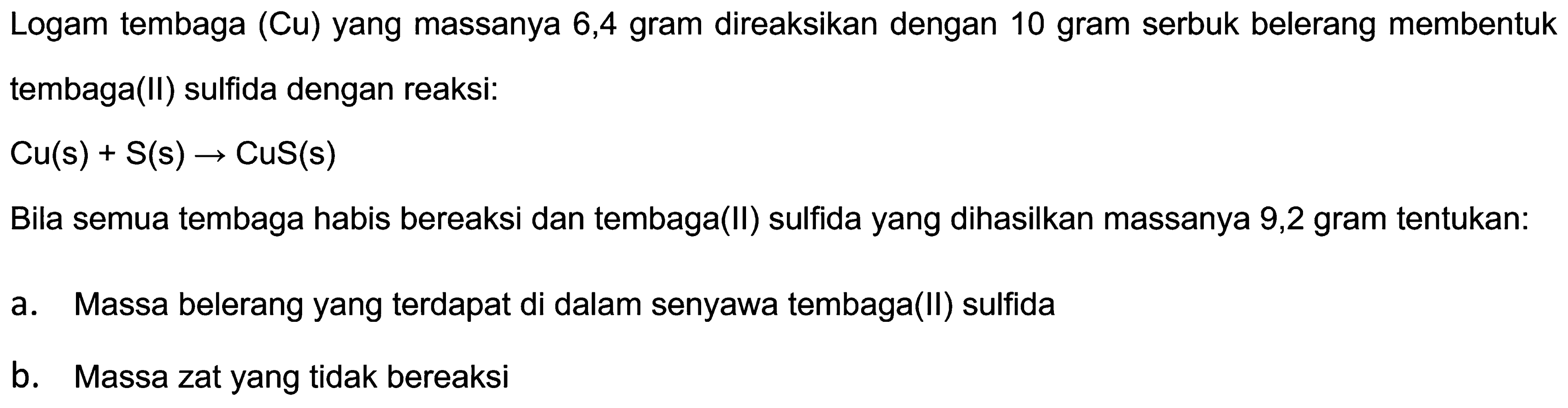 Logam tembaga (Cu) yang massanya 6,4 gram direaksikan dengan 10 gram serbuk belerang membentuk tembaga(II) sulfida dengan reaksi:

Cu(s)+S(s) -> CuS(s)

Bila semua tembaga habis bereaksi dan tembaga(II) sulfida yang dihasilkan massanya 9,2 gram tentukan:
a. Massa belerang yang terdapat di dalam senyawa tembaga(II) sulfida
b. Massa zat yang tidak bereaksi