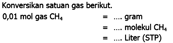 Konversikan satuan gas berikut.
0,01 mol gas  CH_(4) 


=... .  { gram ) 
=... .  { molekul ) CH_(4) 
=... .  { Liter )(STP)

