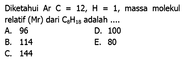 Diketahui  Ar C=12, H=1 , massa molekul relatif  (Mr.  ) dari  C_(8) H_(18)  adalah ....
A. 96
D. 100
B. 114
E. 80
C. 144