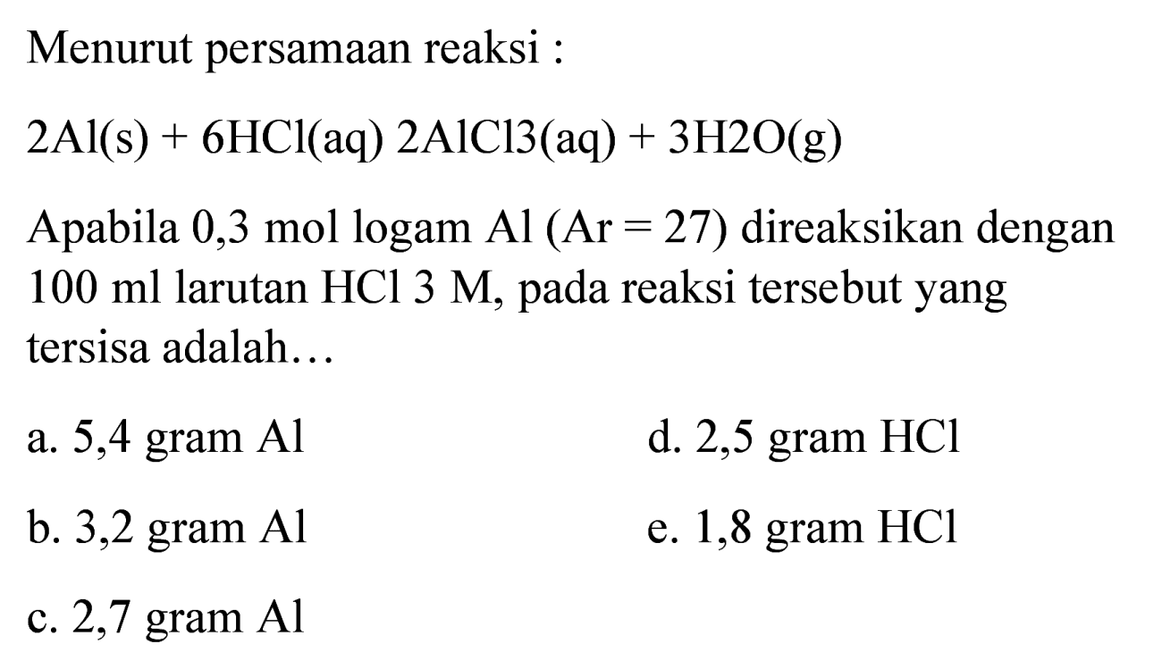 Menurut persamaan reaksi :
 2 Al(s)+6 HCl(aq) 2 AlCl 3(aq)+3 H 2 O(g) 
Apabila 0,3 mol logam  Al(Ar=27)  direaksikan dengan  100 ml  larutan  HCl 3 M , pada reaksi tersebut yang tersisa adalah...