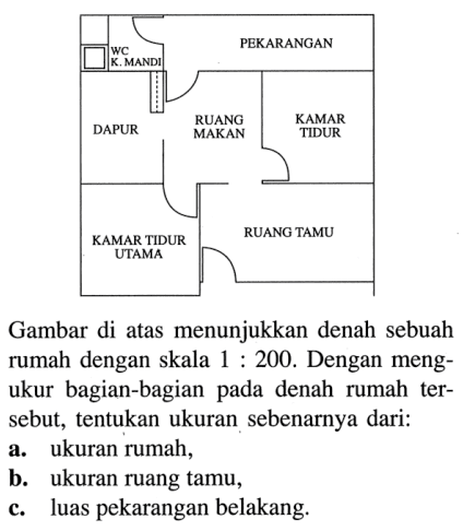 Gambar di atas menunjukkan denah sebuah rumah dengan skala  1: 200 .  Dengan mengukur bagian-bagian pada denah rumah tersebut, tentukan ukuran sebenarnya dari:a. ukuran rumah,b. ukuran ruang tamu,c. luas pekarangan belakang.