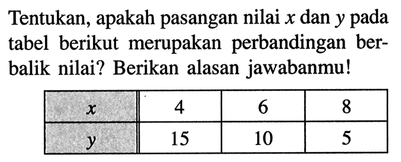 Tentukan, apakah pasangan nilai x dan y pada tabel berikut merupakan perbandingan berbalik nilai? Berikan alasan jawabanmu! x 4 6 8 y 15 10 5 