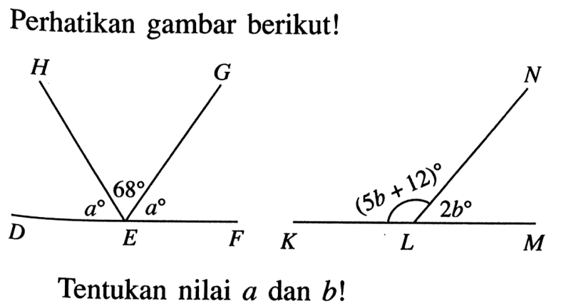 Perhatikan gambar berikut! a 68 a (5b+12) 2b Tentukan nilai a dan b!