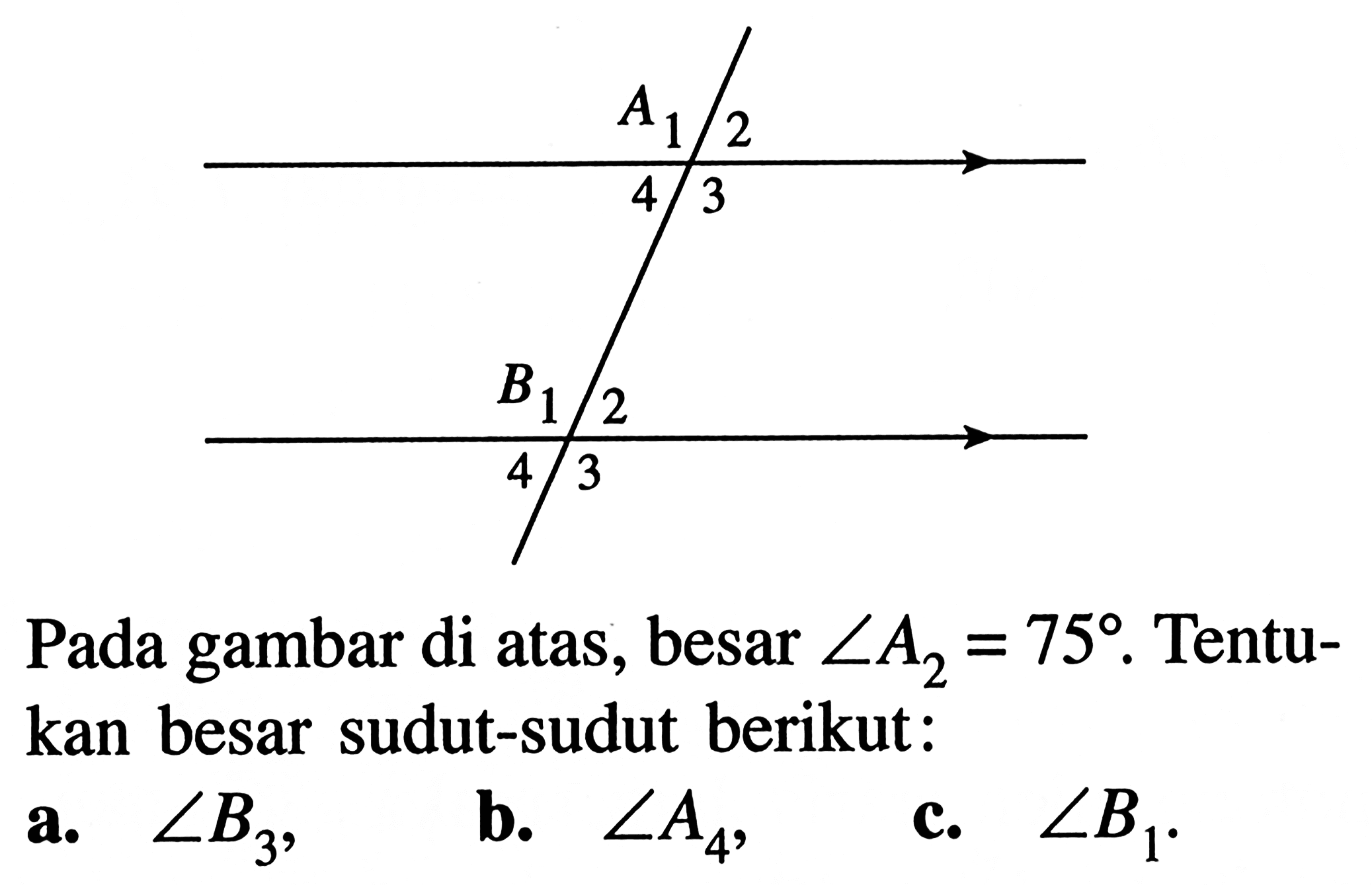 Pada gambar di atas, besar sudut A2=75. Tentukan besar sudut-sudut berikut: a. sudut B3, b. sudut A4, c. sudut B1.