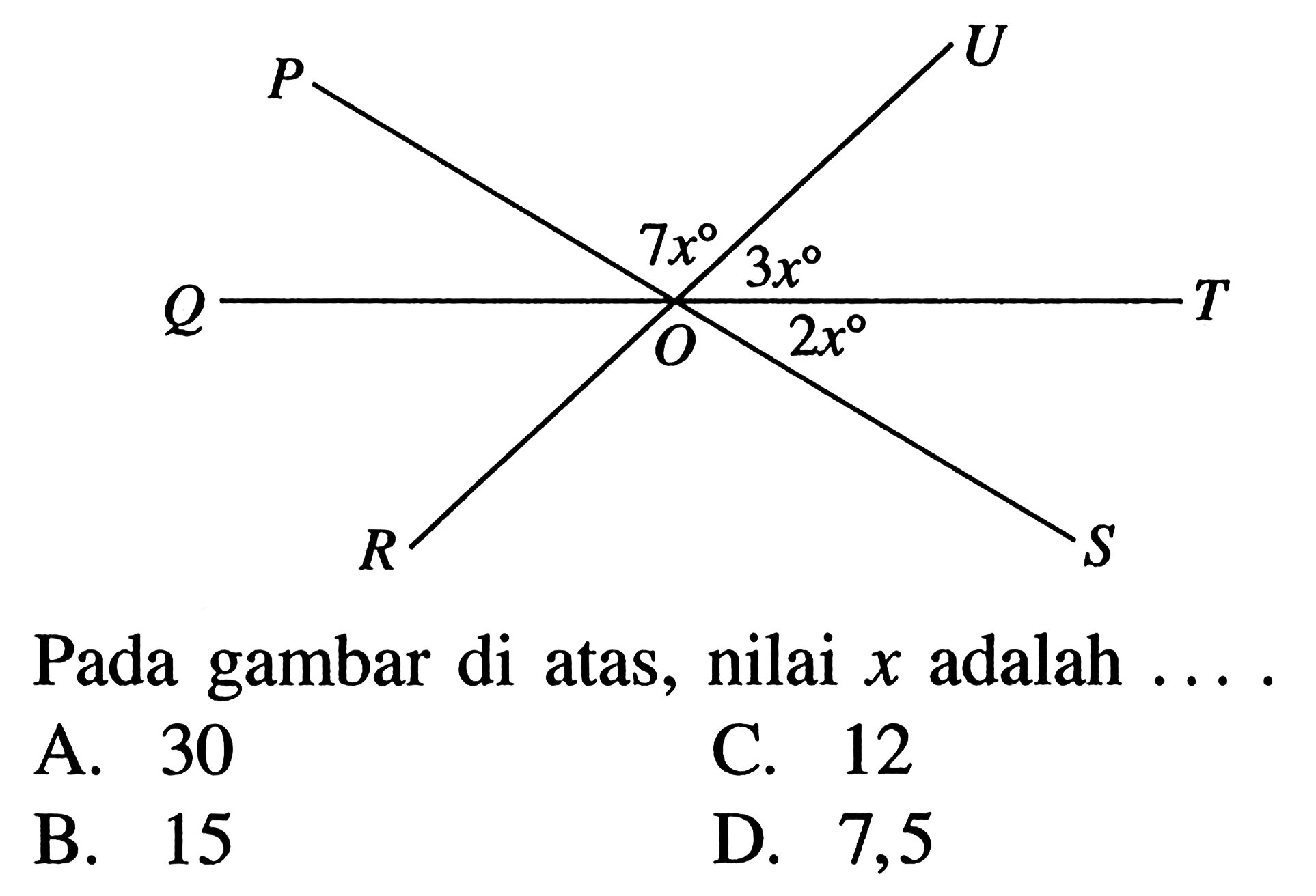 P U Q R S T O 7x 3x 2x Pada gambar di atas, nilai x adalah ... .