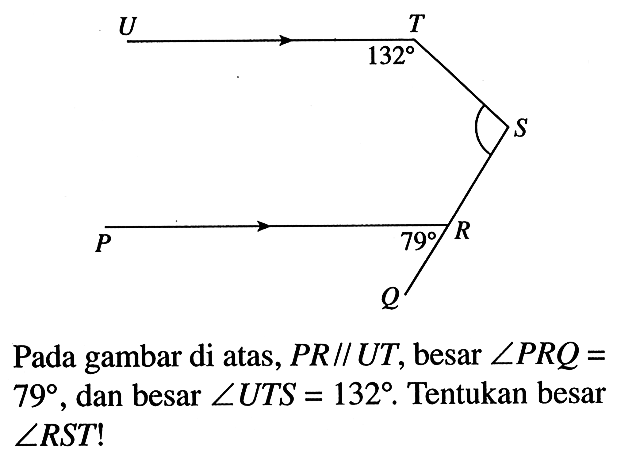 Pada gambar di atas, PR//UT, besar sudut PRQ= 79, dan besar sudut UTS=132. Tentukan besar sudut RST!