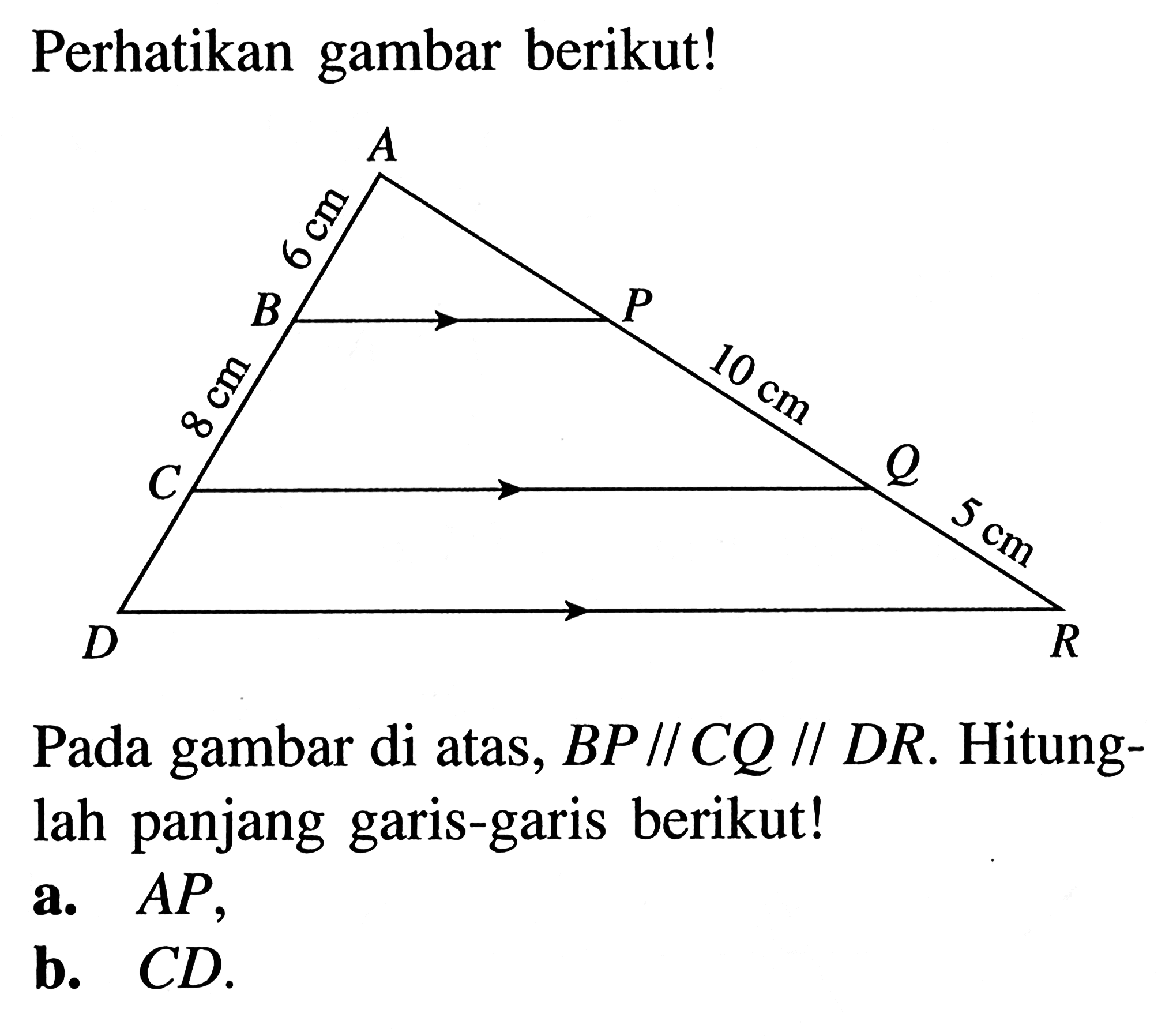 Perhatikan gambar berikut! 6 cm 8 cm 10 cm 5 cm Pada gambar di atas, BP//CQ//DR. Hitunglah panjang garis-garis berikut! a. AP, b. CD.