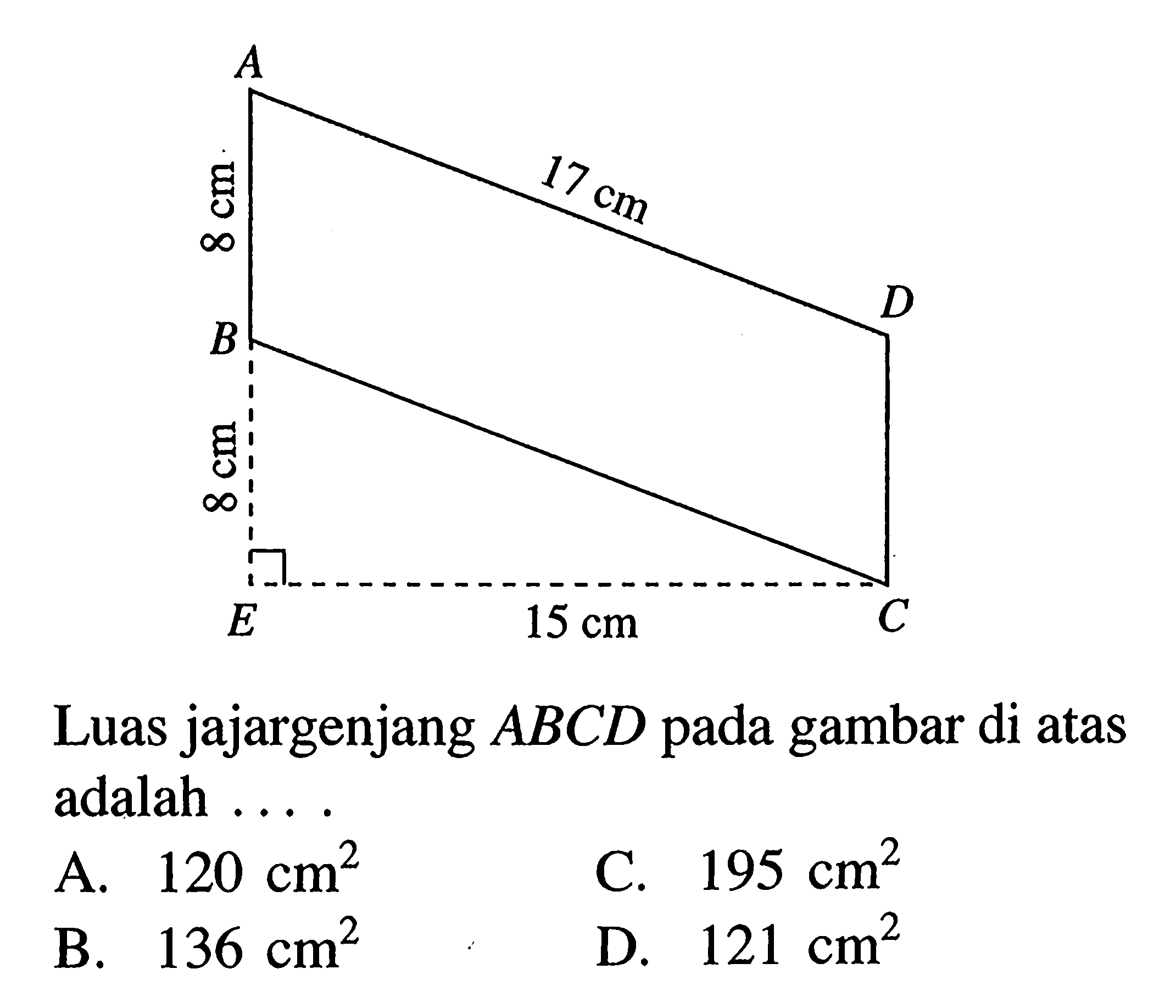 Luas jajargenjang  A B C D  pada gambar di atas adalah ....A 17 cm 8 cm DB 8 cm E 15 cm C