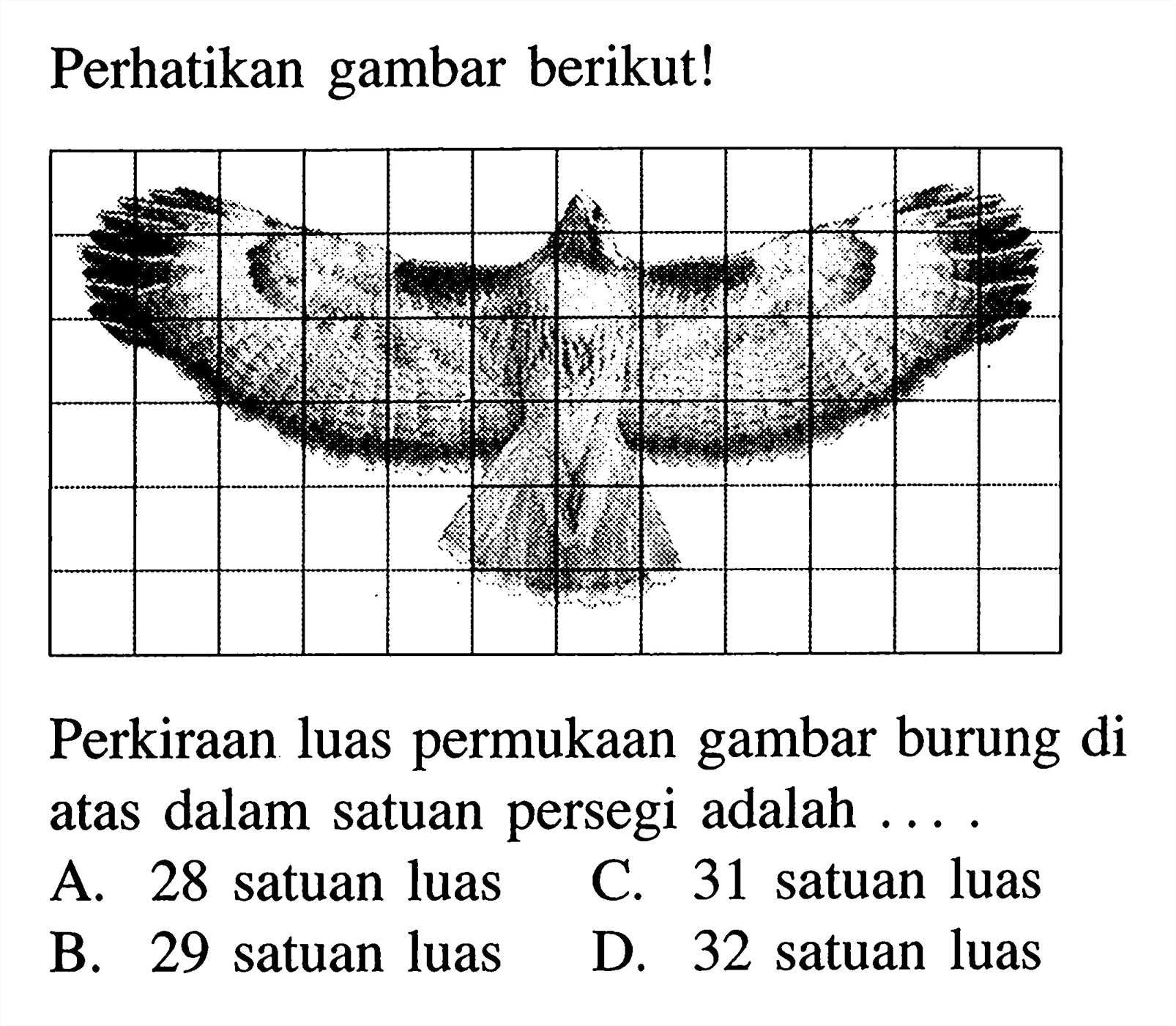 Perhatikan gambar berikut!Perkiraan luas permukaan gambar burung di atas dalam satuan persegi adalah ....