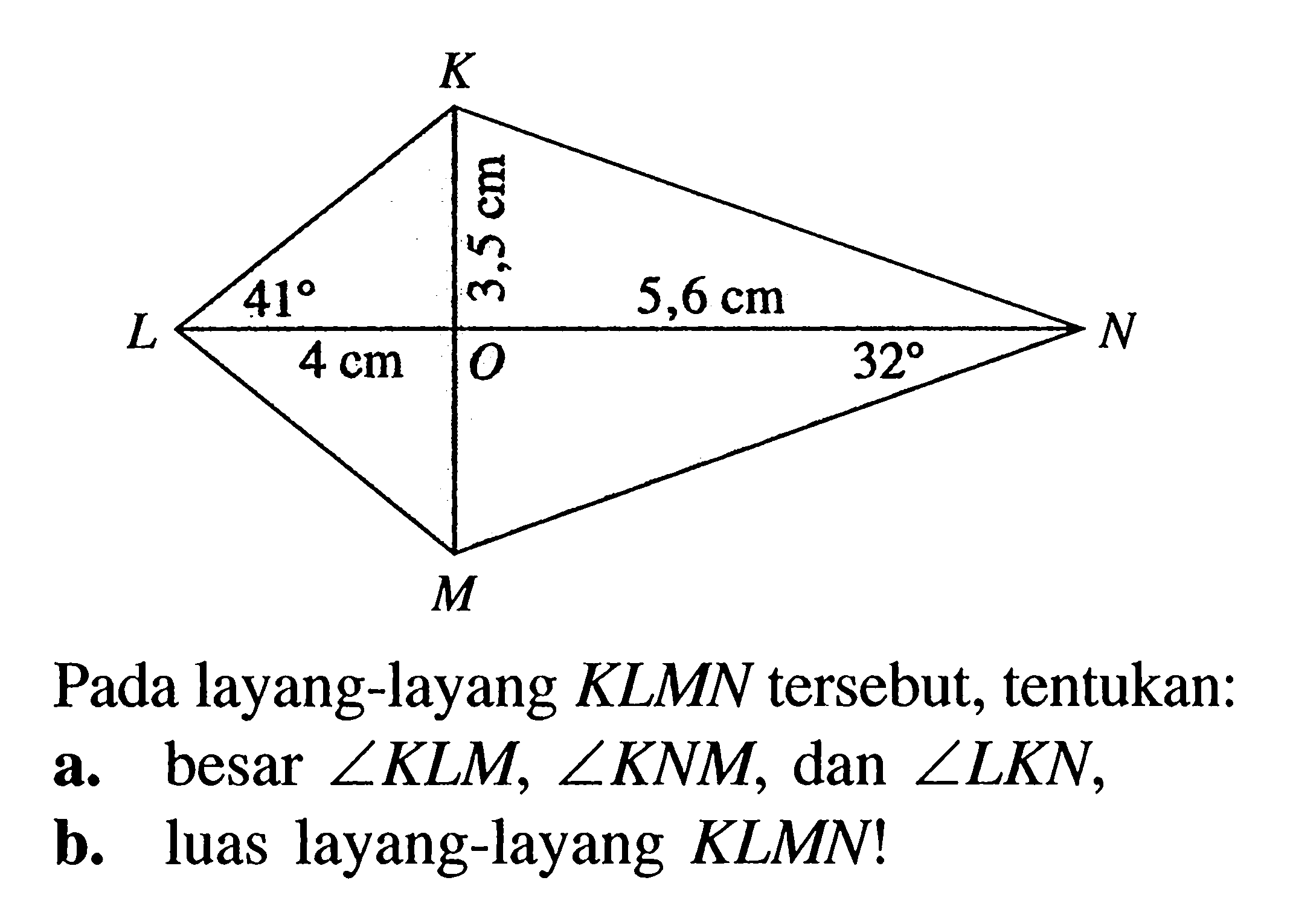 Pada layang-layang  KLMN   tersebut, tentukan:a. besar  sudut KLM, sudut KNM , dan  sudut LKN ,b. luas layang-layang  KLMN! 