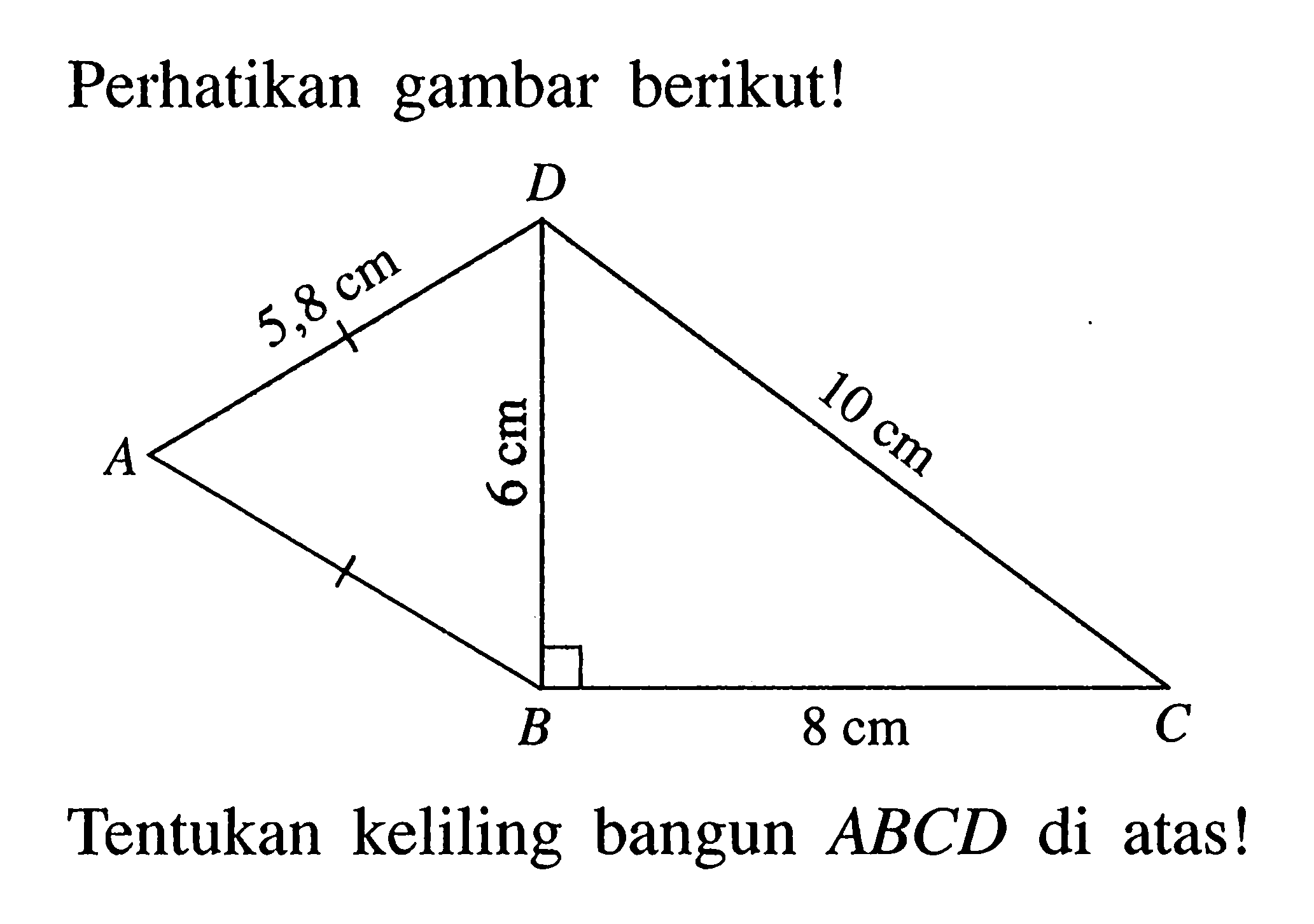 Perhatikan gambar berikut! D 5,8cm A 6cm 10cm B 8cm C. Tentukan keliling bangun  ABCD  di atas!