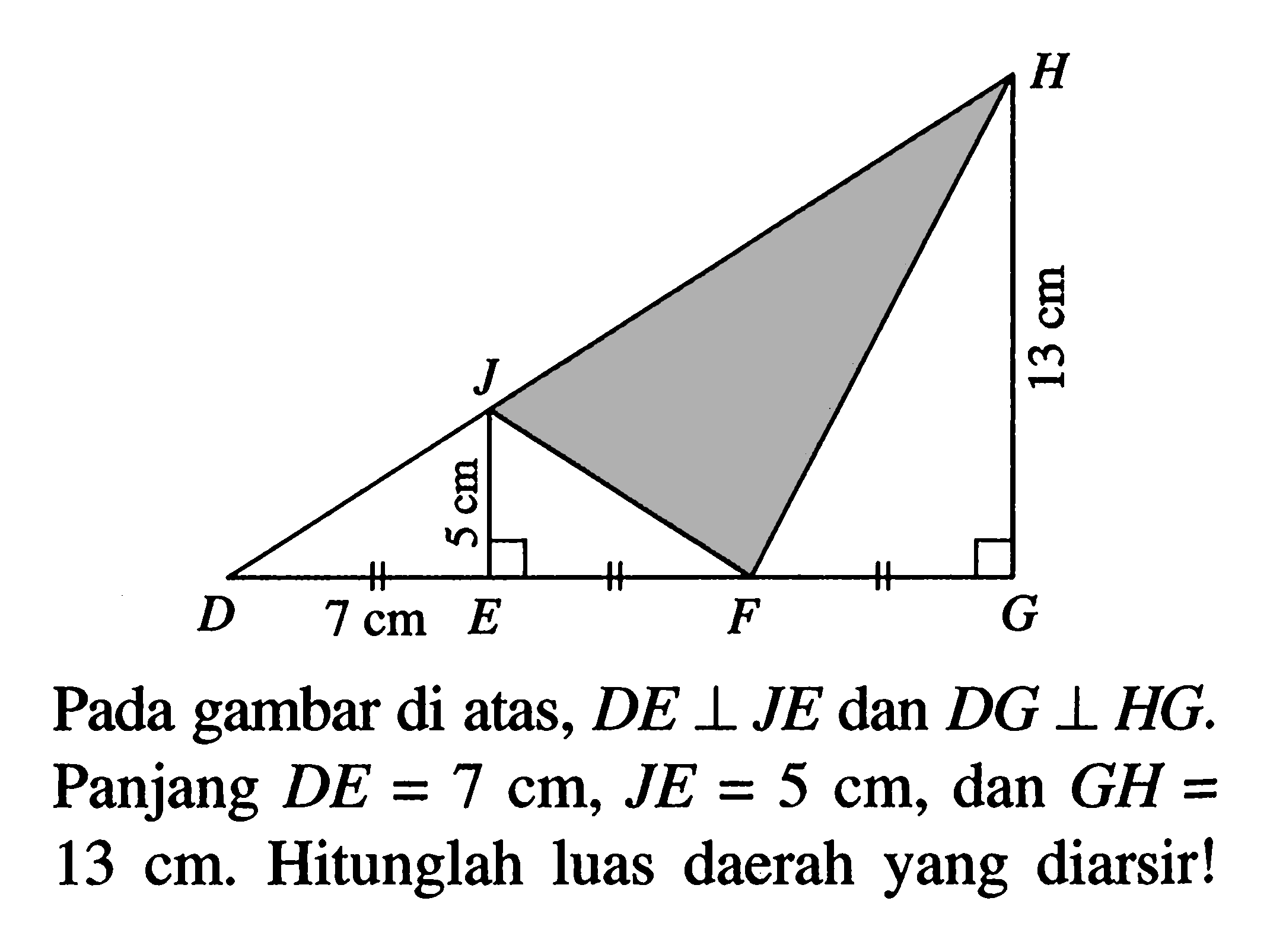 Pada gambar di atas, DE tegak lurus JE dan DG tegak lurus HG. Panjang  DE=7 cm, JE=5 cm, dan GH=13 cm. Hitunglah luas daerah yang diarsir!