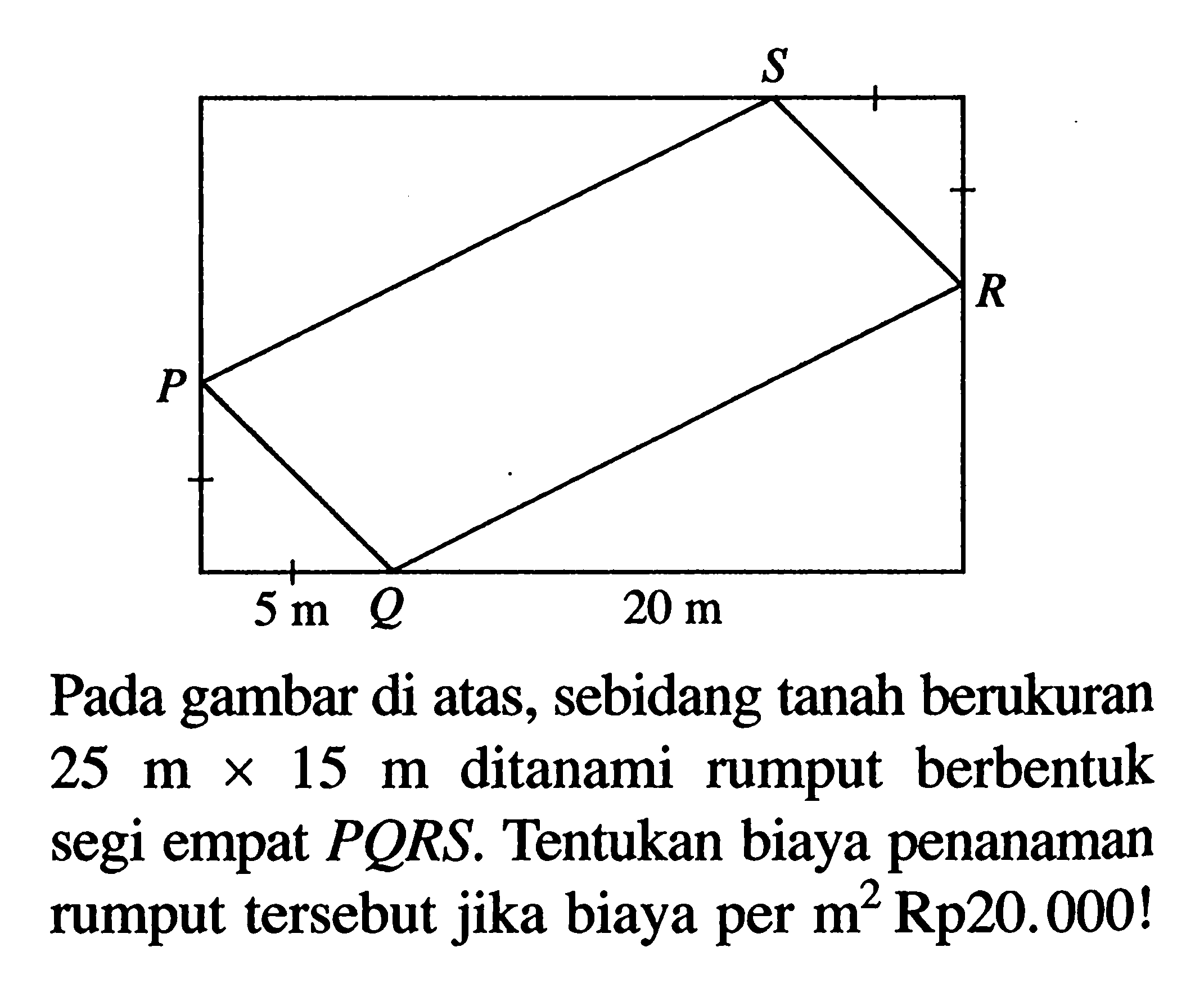 S R P 5 m Q 20 m Pada gambar di atas, sebidang tanah berukuran 25 m x 15 m ditanami rumput berbentuk segi empat PQRS. Tentukan biaya penanaman rumput tersebut jika biaya per m^2 Rp20.000!