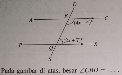 Pada gambar di atas, besar  sudut CBD=... . A B C D P Q R S (4x-4) (2x+7)