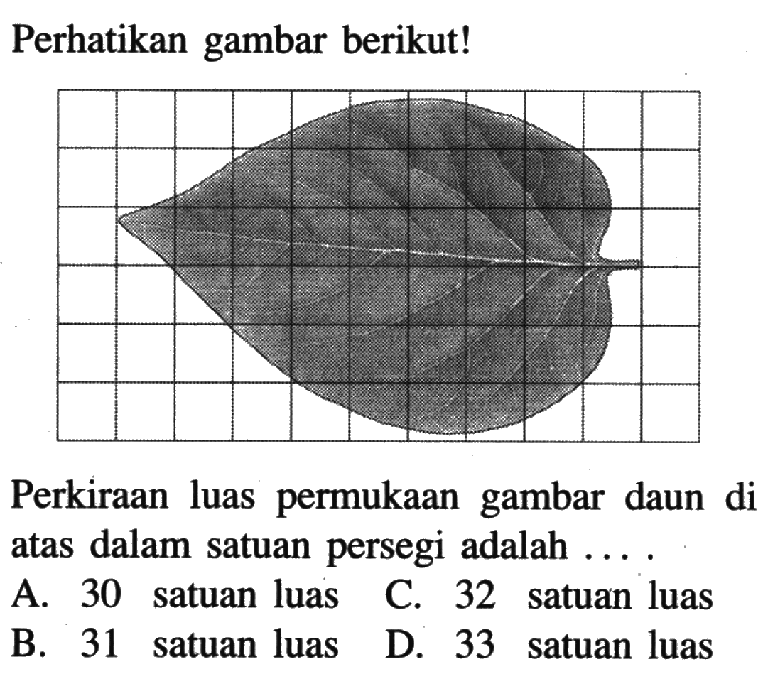 Perhatikan gambar berikut!Perkiraan luas permukaan gambar daun di atas dalam satuan persegi adalah ....