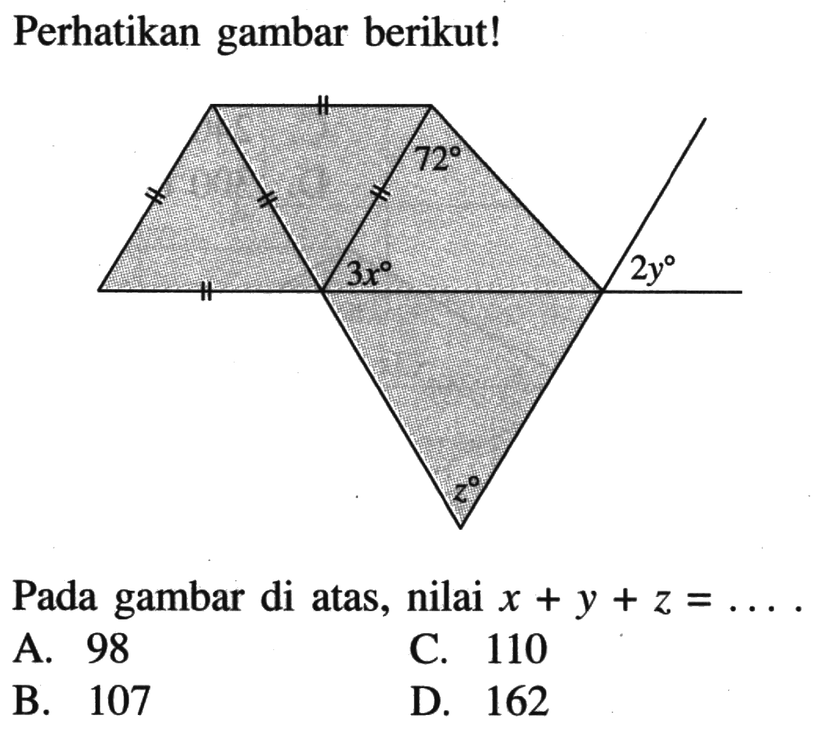 Perhatikan gambar berikut! Pada gambar di atas, nilai x+y+z=... A. 98 B. 107 C. 110 D. 162, 3x 72 2y z