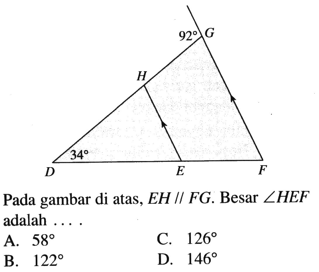 Pada gambar di atas, EH//FG. Besar sudut HEF adalah ....