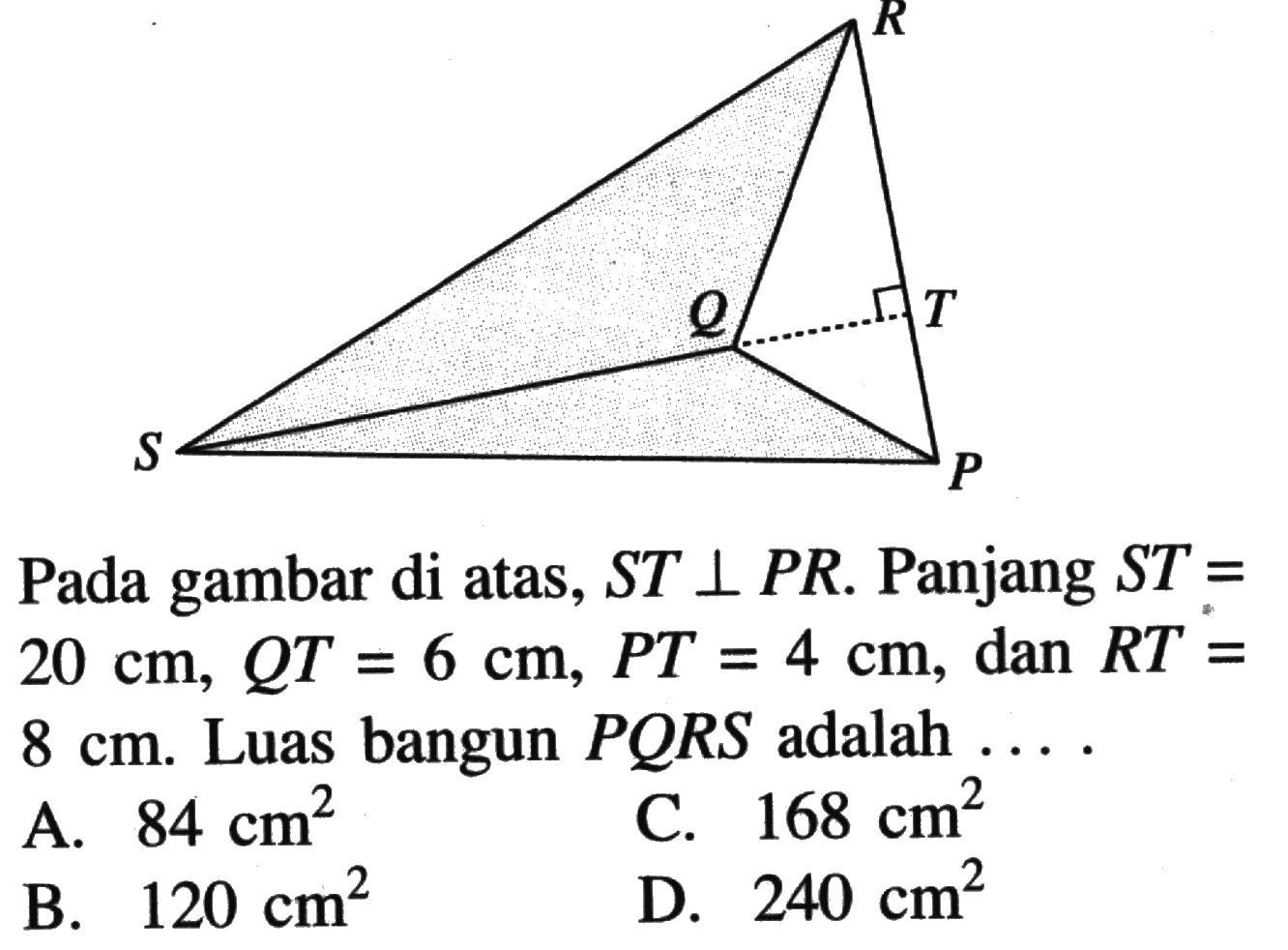 R Q T S P. Pada gambar di atas,  ST tegak lurus PR . Panjang  ST=20 cm, QT=6 cm, PT=4 cm , dan  RT=8 cm . Luas bangun  PQRS  adalah  ... . 