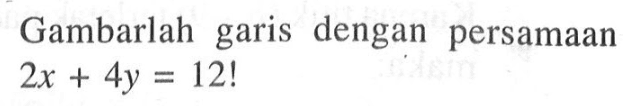 Gambarlah garis dengan persamaan 2x + 4y = 12!