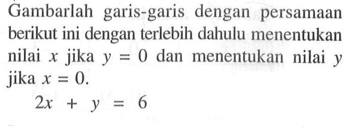 Gambarlah garis-garis dengan persamaan berikut ini dengan terlebih dahulu menentukan nilai x jika y = 0 dan menentukan  nilai y jika x = 0. 2x + y = 6