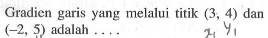 Gradien garis yang melalui titik (3, 4) dan (-2, 5) adalah . . . .