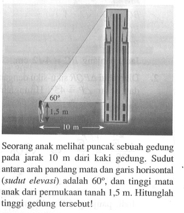 Seorang anak melihat puncak sebuah gedung pada jarak 10 m dari kaki gedung. Sudut antara arah pandang mata dan garis horisontal (sudut elevasi) adalah 60, dan tinggi mata anak dari permukaan tanah 1,5 m. Hitunglah tinggi gedung tersebut!