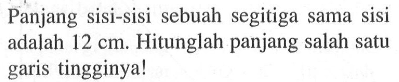 Panjang sisi-sisi sebuah segitiga sama sisi adalah 12 cm. Hitunglah panjang salah satu garis tingginya!