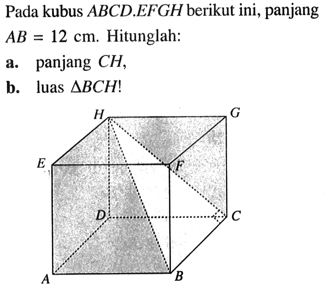 Pada kubus  A B C D . E F G H  berikut ini, panjang  A B=12 cm . Hitunglah:a. panjang  CH ,b. luas  segitiga B C H ! 