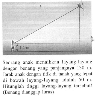 Seorang anak menaikkan layang-layang dengan benang yang panjangnya 130 m. Jarak anak dengan titik di tanah yang tepat di bawah layang-layang adalah 50 m. Hitunglah tinggi layang-layang tersebut! (Benang dianggap lurus) 1,2 m
