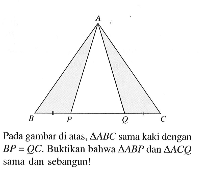 Segitiga APQ berada di dalam segitiga ABC.Pada gambar di atas, segitiga ABC sama kaki dengan BP = QC. Buktikan bahwa segitiga ABP dan segitiga ACQ sama dan sebangun!