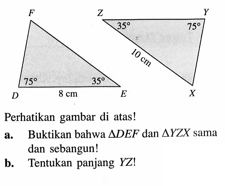 D E F 75 8 cm 35 X Y Z 35 75 10 cm perhatikan gambar di atas! a. Buktikan bahwa segitiga DEF dan segitiga YZX sama dan sebangun!b. Tentukan panjang YZ! 