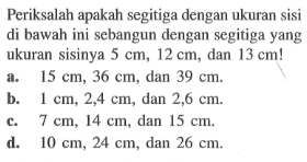 Periksalah apakah segitiga dengan ukuran sisi di bawah ini sebangun dengan segitiga yang ukuran sisinya  5 cm, 12 cm, dan 13 cm!a.  15 cm, 36 cm, dan 39 cm.b.  1 cm, 2,4 cm, dan 2,6 cm.c.   7 cm, 14 cm, dan 15 cm.d.  10 cm, 24 cm, dan 26 cm.