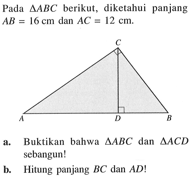 Pada segitiga ABC berikut, diketahui panjang AB=16 cm dan AC=12 cm. ABCDa. Buktikan bahwa segitiga ABC dan segitiga ACD sebangun!b. Hitung panjang BC dan AD!