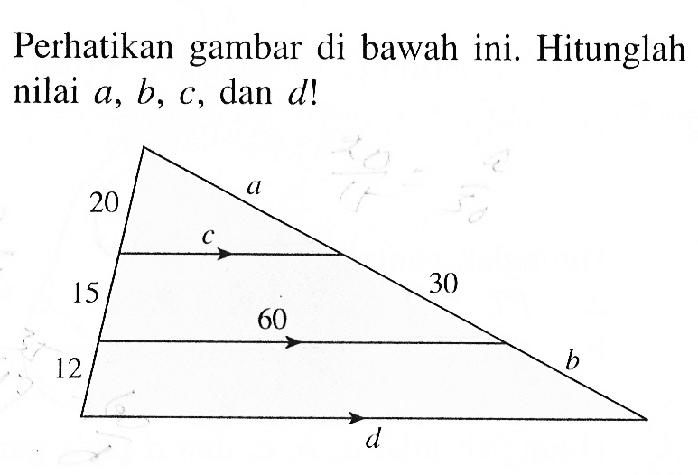 Perhatikan gambar di bawah ini. Hitunglah nilai a, b, c, dan d ! 20 a c 15 30 60 12 b d 